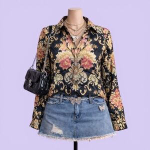 Y2K Baroque Satin Button Up Shirt Black Small Tapestry Floral Boho Grunge Goth